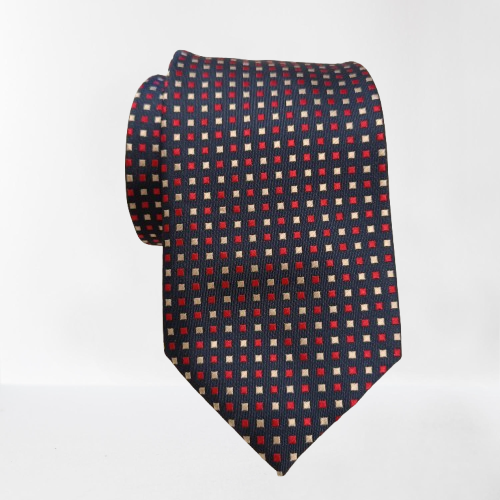 Corbata Azul Marino Cuadros Rojos y Beige