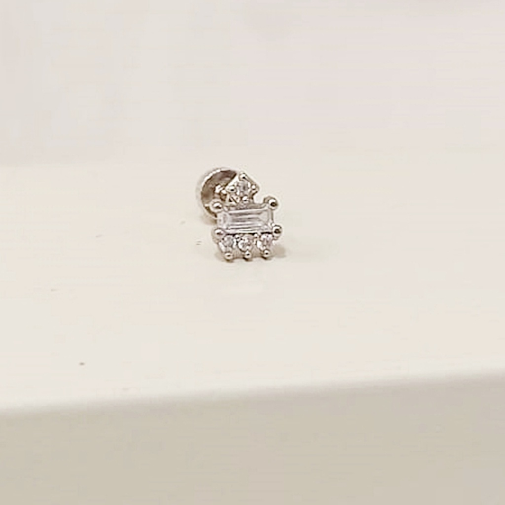 Pendiente Rectángulo Mini Cuadrados Circonitas Plateado (Rosca)