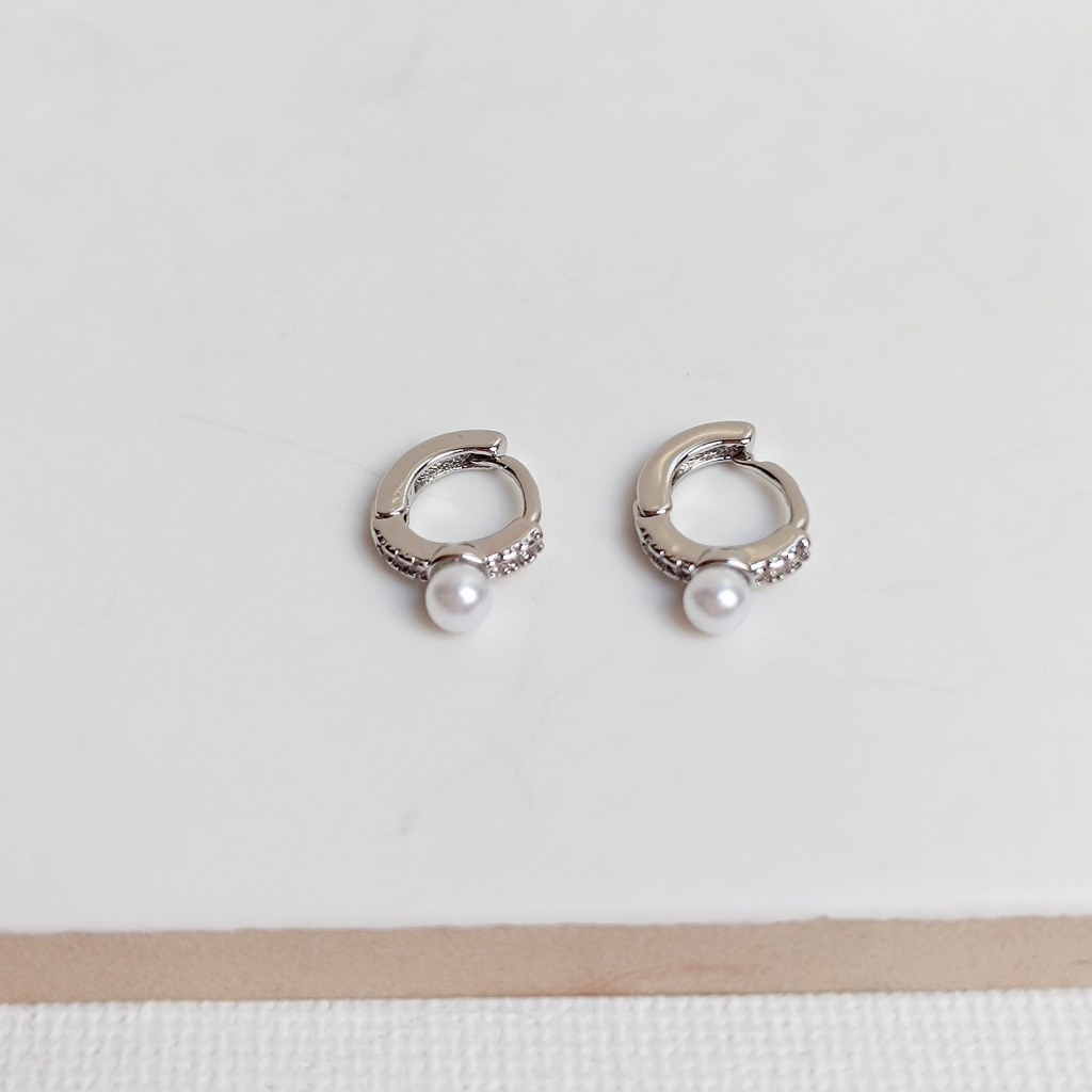 Pendientes Aritos Circonitas  Perla Blanca Plateado