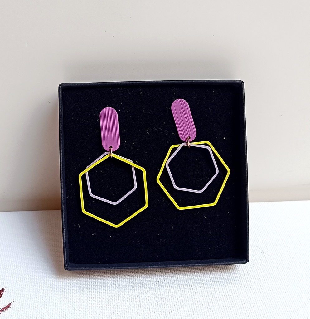 Pendientes Neón Forma Geo Amarillo Morado