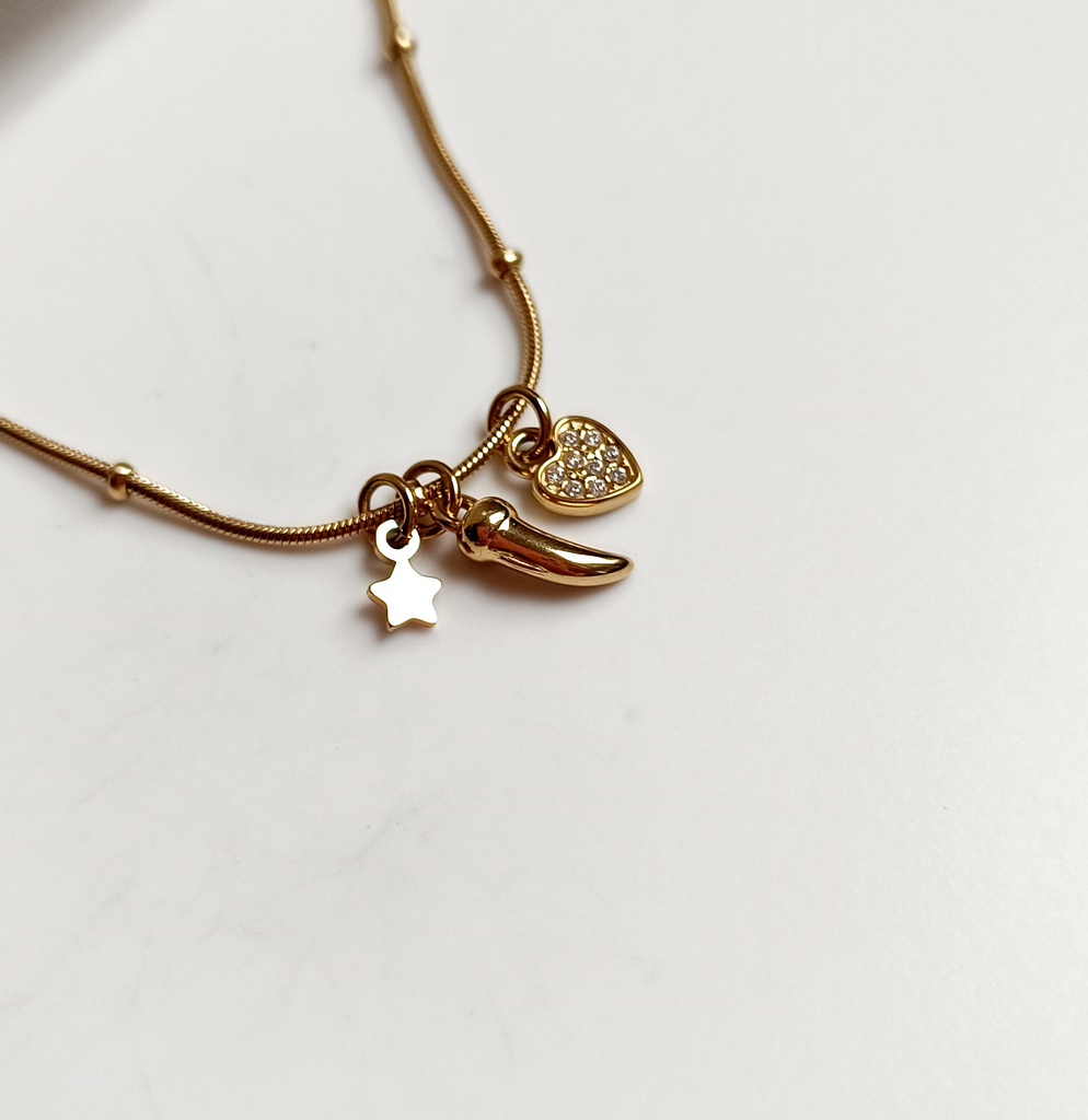 Collar Charms Corazon Estrella Cuerno Dorado