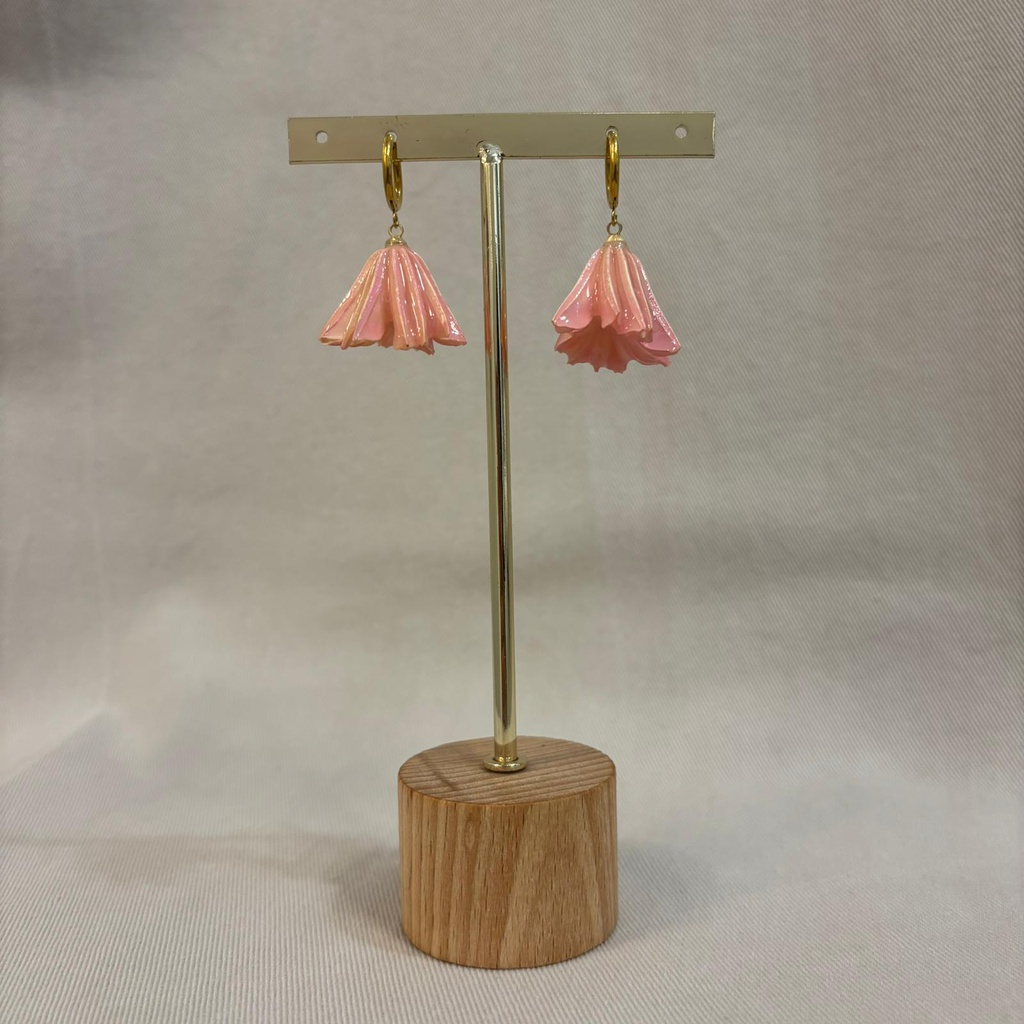 Pendientes Aro Flor Natural Resina Rosa Dorado