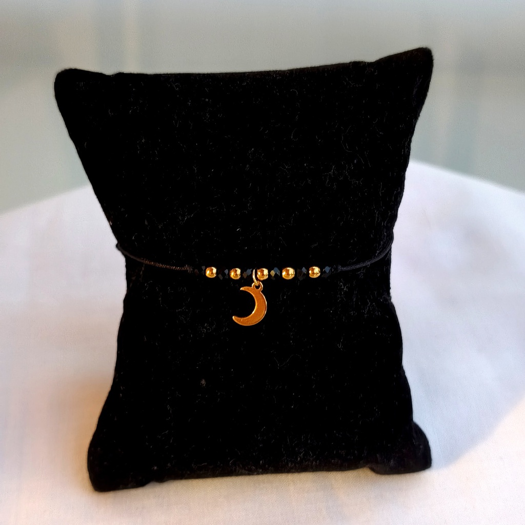 Pulsera Negra Cuentas Luna (Dorado)
